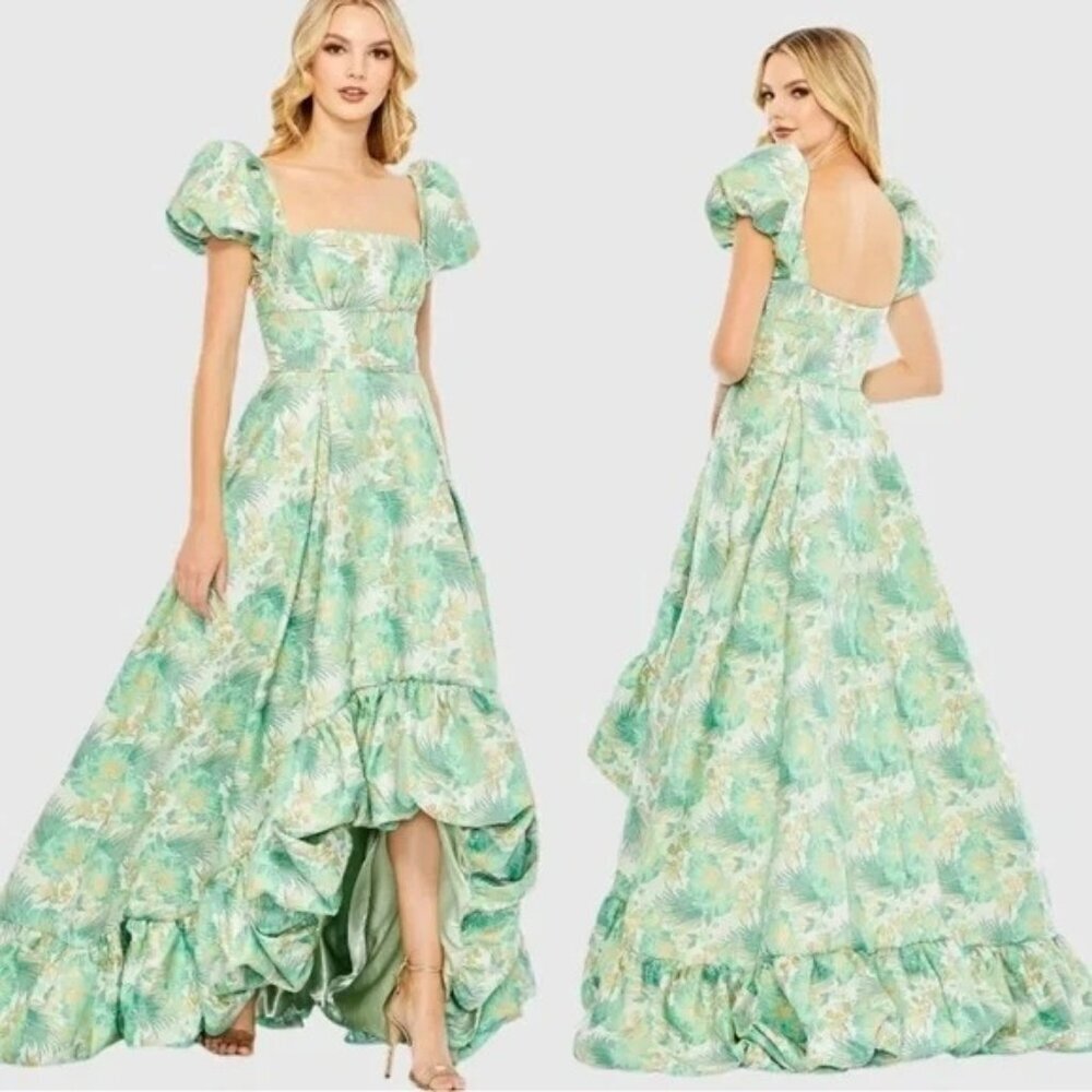 NWT MAC DUGGAL 68276 Floral Brocade Evening Gown Size 14 Puff Sleeve Green Gold